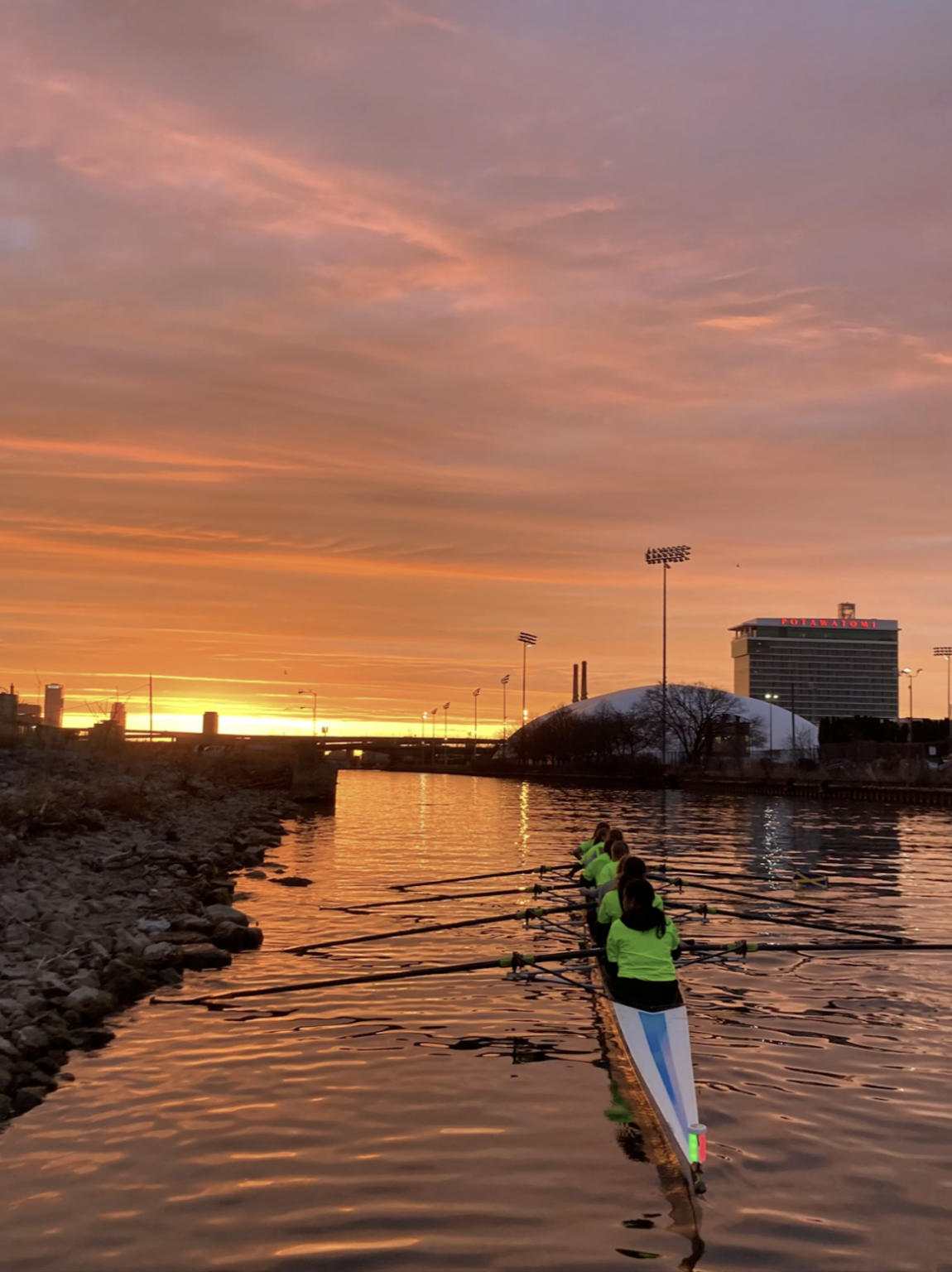 A Marquette eight rows past the Potawatomi tower at sunrise.